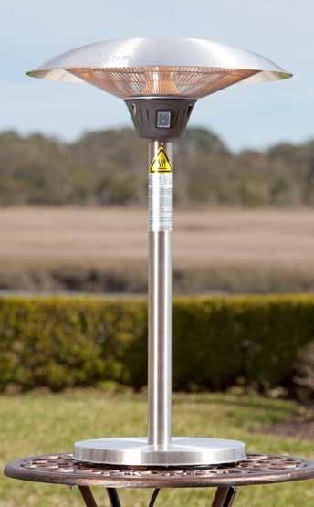 Cimarron Stainless Steel Table Top Halogen Patio Heater 1500 watts Stainless steel and aluminum construction 100% heat production within seconds No wasteful heating of the air About 1/10 the energy