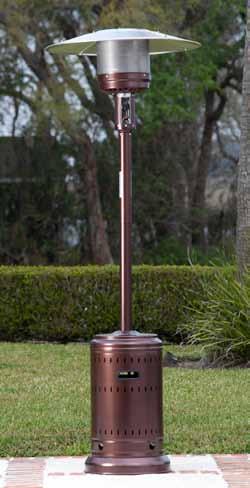 18 Base, 89 H, 33 5pc Hood #61185 Hammered Bronze Finish Commercial Patio Heater 46,000 BTU output Powder coated hammered bronze finish Durable stainless steel