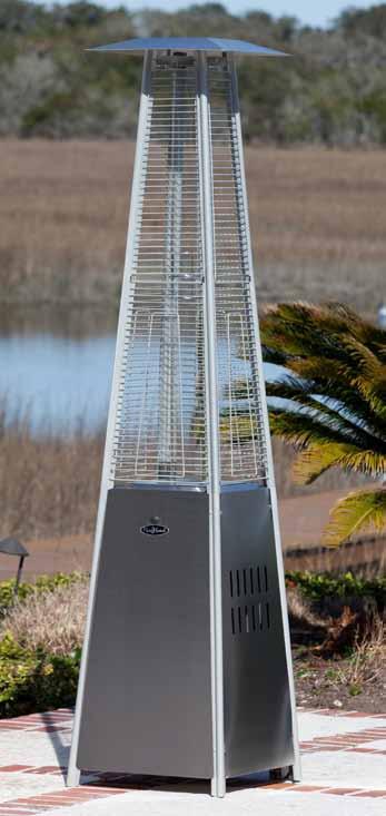 21 W, 21 L, 88 H I #62263 Stainless Steel Pyramid Flame Patio Heater 40,000 BTU output Patented design Stainless steel burners and heating grid Stainless steel construction Tip over