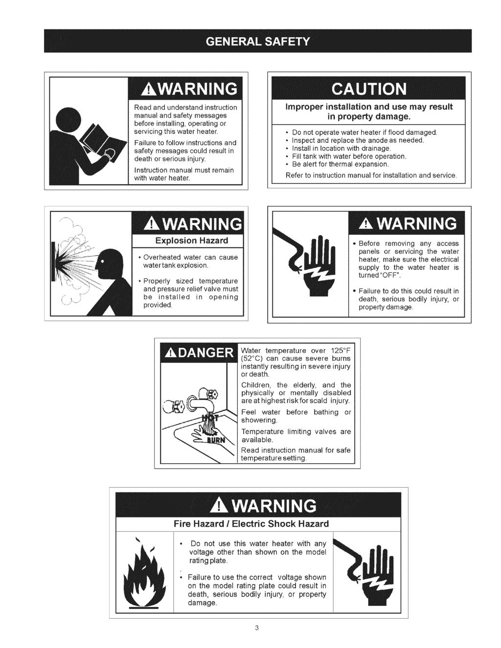 Readandunderstand instruction manual andsafetymessages beforeinstalling, operating or servicing thiswaterheater. Failuretofollowinstructions and safetymessages couldresult in deathorserious injury.