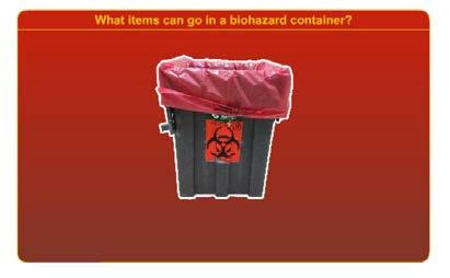 Slide 15 What Goes in the Biohazard Containers? Click the container to view what types of waste go in that receptacle. Once waste items are revealed, click on them to learn more.