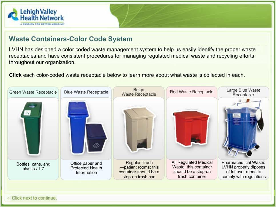 Slide 5 LVHN has designed a color coded waste management system to help us easily identify the proper waste receptacles and have consistent procedures for managing