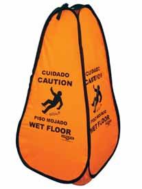 Can be hung on a cart with elastic handle. Weighted base prevents sign from falling over accidentally. Bright, easy-to-see. Dual-language warnings.