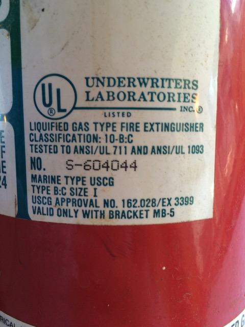 According to the new carriage requirements, a minimum required rating of 20-B:C is necessary in the pilothouse. Neither the 5lb. liquefied gas extinguisher or the 15 lb. or 20 lb.