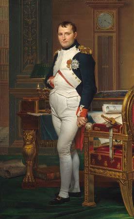 This portrait shows French Emperor Napoleon Bonaparte standing next to a Greek-style chair.