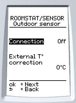 INSTALLATION 4.2 Outdoor sensor 1 Select Rmstat/sensor on the 2 Select Outdoor sensor on the 1 Select Self check on the 2 The automatic test will start.