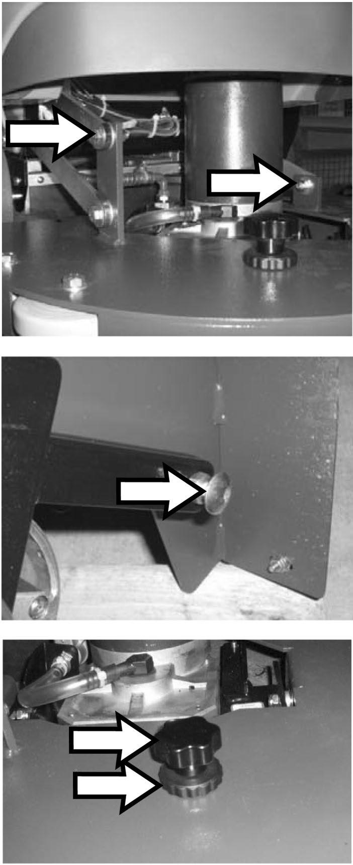 BRUSH BASE ADJUSTMENT 1. Verify the right inclination of the brush deck. To adjust the brush deck: A. Lower the brush deck on the floor with the brush. B. Loosen the M8 bolt and the M8 nut that attach the brush deck to the left arm.