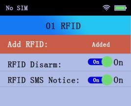 3 RFID Disarm RFID Disarm ON: Customer can disarm the system by using this RFID card. 4.7.3.4 RFID SMS No ce RFID SMS No ce ON: Customer will receive the message 01 back home when using RFID card to disarm the system.