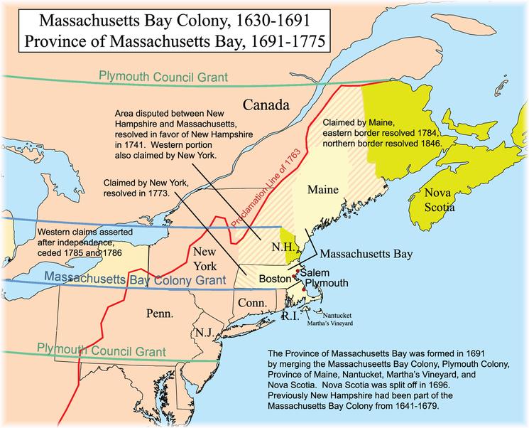 Massachusetts Bay Colony 1630-1691 Map provided under creative commons public