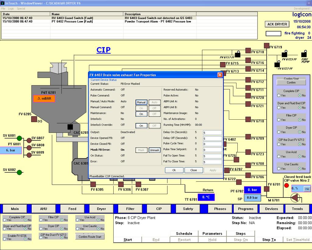 Scada screen for CIP showing Accord Controls for valve and Scada Decisions for CIP options.