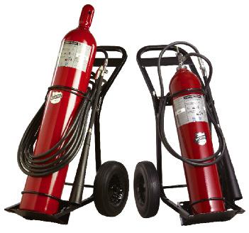 21 Wheeled Carbon Dioxide Our Wheeled Carbon Dioxide extinguishers are designed for one-man operation and are constructed with spun steel cylinders and plated brass valve assemblies.
