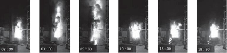 Specimens of aluminium composite panel with fire-retardant polyethylene core (No. 6-a and 6-b) 2, 3, 5, 8, 10 and 15 min after the start of the test.
