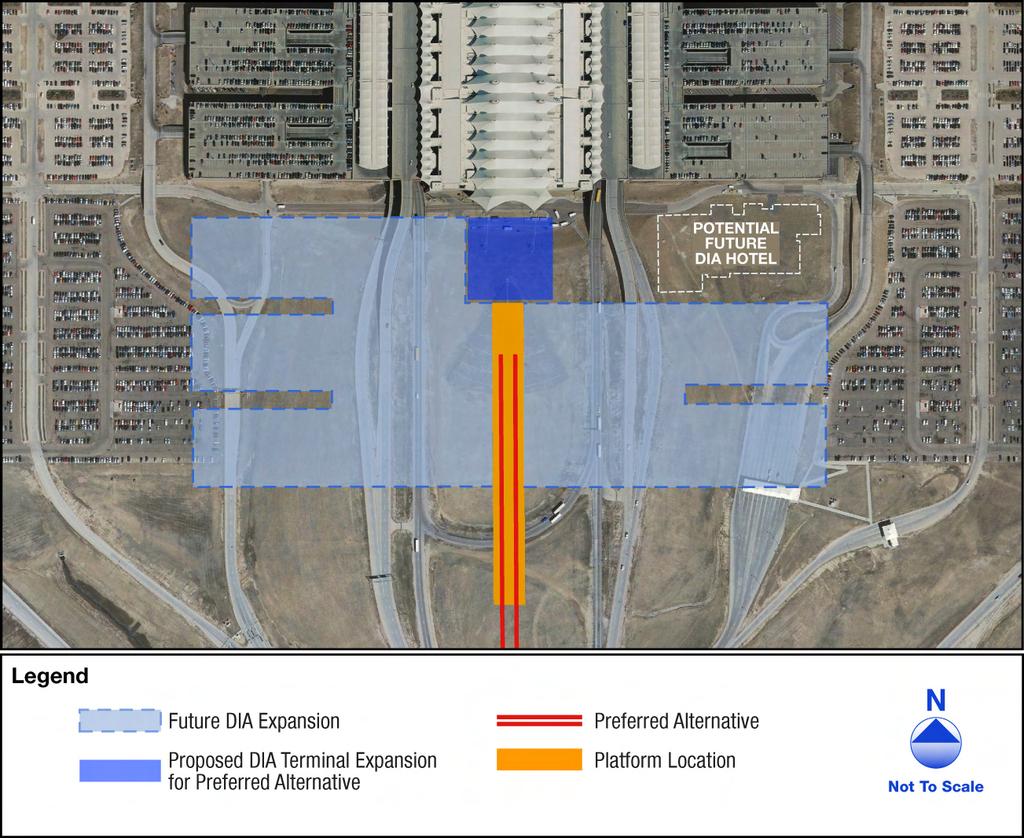 East Corridor Final Environmental Impact Statement Alternatives Considered 2.2.3.2.7 Denver International Airport The station at DIA is proposed at level one on the south side of the terminal.