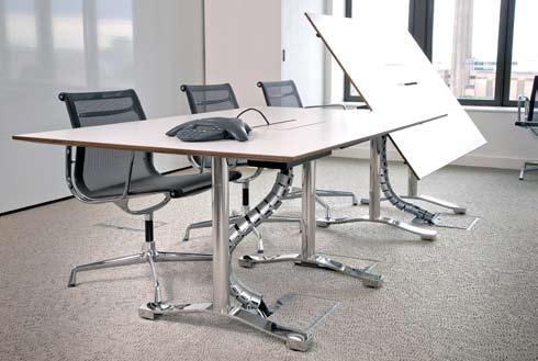 Curzon tables combine stainless steel leg frames with a variety of tops and simple or