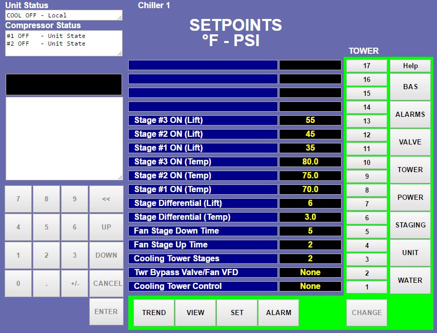 Operation Cooling TOWER Fan Setpoints Figure 37: Cooling TOWER Fan Setpoint Screen Table 13: TOWER Fan Setpoint Settings (See page 39 and Figure 46 for complete explanation.) Description No.