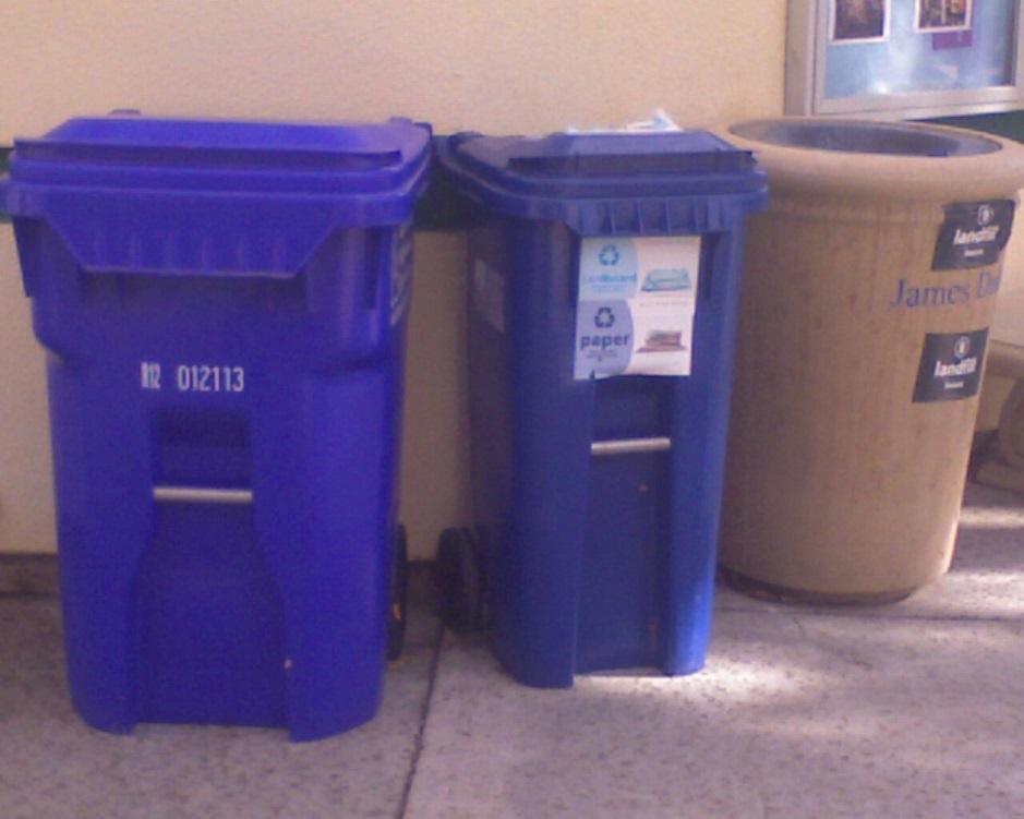 Each Recycling Zone to have: a blue bin for paper and mixed recyclables; a blue bin