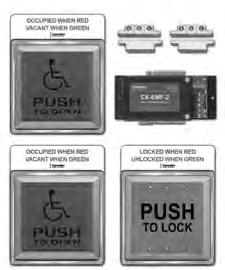 ORDERING INFORMATION CX-WC14FM: FLUSH MOUNT TWO DOOR RESTROOM SYSTEM - CX-EMF-2 MULTI-FUNCTION RELAY, CM-45/855SE1 4 1/2 ILLUMINATED PUSH PLATE SWITCH (PUSH TO LOCK), WITH SIGN, - (2) CM-45/455SE1 4