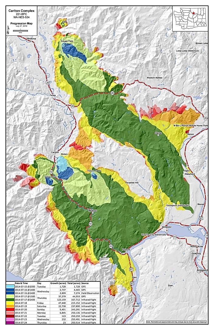 STARTED : JULY 14, 2014 STARTED AS 4 SEPARATE FIRES: (Lightning caused) STOKES FIRE GOLD CREEK FIRE FRENCH CREEK FIRE COUGAR FLATS FIRE ACREAGE : 256,108 (400.