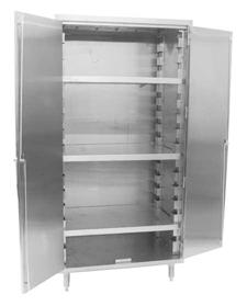 Three shelves are adjustable on 4 vertical centers, double pan 20-gauge stainless steel hinged doors, and transverse rod handles featuring keyed locks are standard.