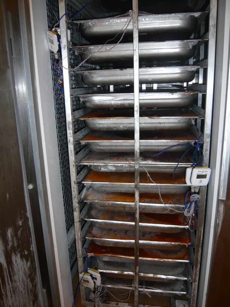 Figure 6. View of a full trolley instrumented with multi-point thermocouple temperature probes and data loggers in position at entry end of air blast chiller Table 1.
