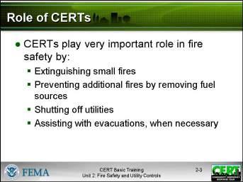 Display Slide 2-2 The areas that they will learn about include: Fire chemistry Fire and utility hazards in the home, workplace, and neighborhood CERT sizeup Fire sizeup considerations Firefighting