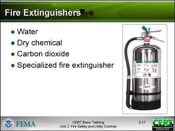 Types of Fire Extinguishers Tell the group that there are four types of extinguishers: Water Dry chemical Carbon dioxide Specialized fire extinguishers Display Slide 2-17 PM, P.