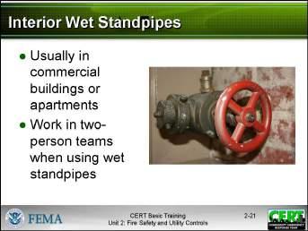 Interior Wet Standpipes Explain that interior wet standpipes are usually in commercial and apartment buildings and consist of 100 feet of 1.5-inch jacketed hose with an adjustable spray nozzle.