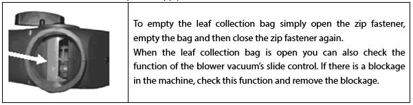 Operation Leaf Bag Note: Before you remove and empty the leaf collection bag ensure that the machine has been disconnected from the mains power supply.