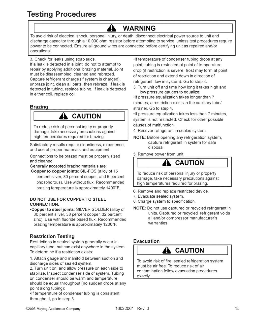 Testing Procedures WARNING To avoid risk of electrical shock, personal injury, or death, disconnect electrical power source to unit and discharge capacitor through a 10,000 ohm resistor before