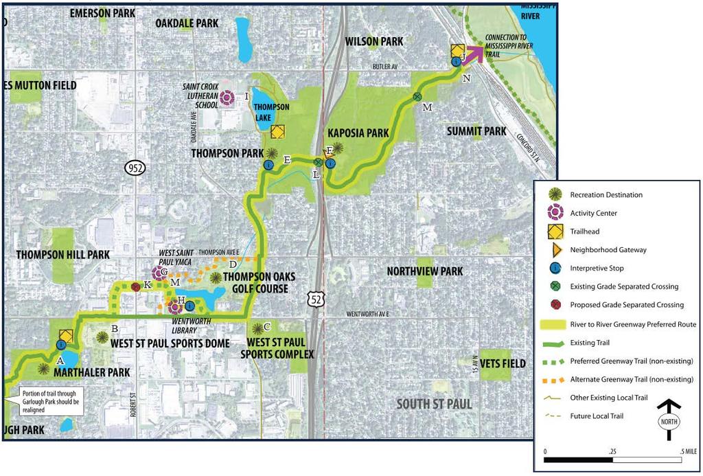 expanding the trail and boulevard to enhance the greenway experience. Continuing east, the trail reaches a connection with the Mississippi River Regional Trail.
