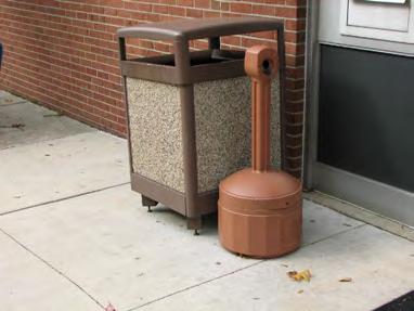 receptacles and planters are spread across the campus.