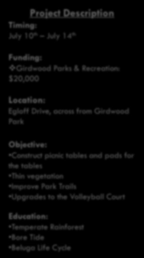 Lions Club Park in Girdwood Timing: July 10 th July 14 th Funding: Girdwood Parks &