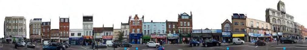The collection of historic and more modern buildings along Peckham High Street, with the clock tower on