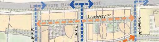 It is recommended to vary the location and setback of the street wall based on the associated land use as shown in the adjacent diagram.