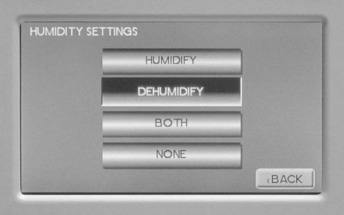 Humidity Settings Equipment The system will auto detect the type of equipment connected an displays it on this screen.
