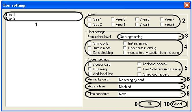 This will bring up the User settings window. List 1 ( 1) contains the users registered in the ACFA Intellect Software System. These users are also considered users in the Digiplex EVO system.