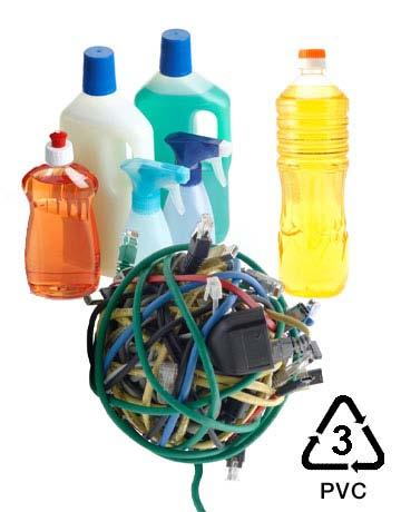 Number 3 Plastics V (Vinyl) or PVC Found in: Window cleaner and detergent bottles, shampoo bottles, cooking oil bottles, clear food packaging, wire jacketing, medical equipment, siding, windows,