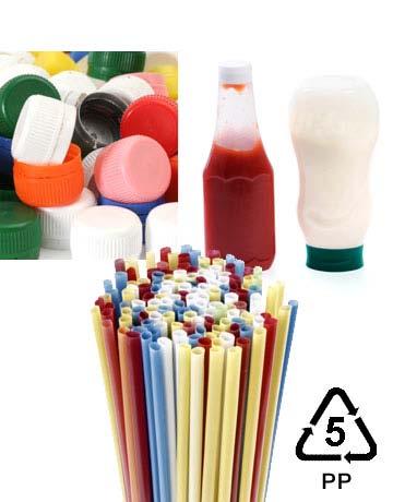 Number 5 Plastics PP (polypropylene) Found in: Some yogurt containers, syrup bottles, ketchup bottles, caps, straws, medicine bottles Recycling: Number 5 plastics can be recycled through some