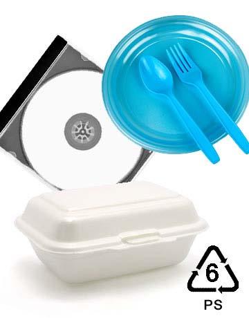 Number 6 Plastics PS (polystyrene) Found in: Disposable plates and cups, meat trays, egg cartons, carry-out containers, aspirin bottles, compact disc cases Recycling: Number 6 plastics can be