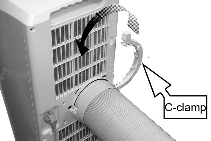 5. Fit the exhaust duct assembly complete to the outlet port of the air conditioner and secure in place by locking down the c- clamp until it clips into position. 6.
