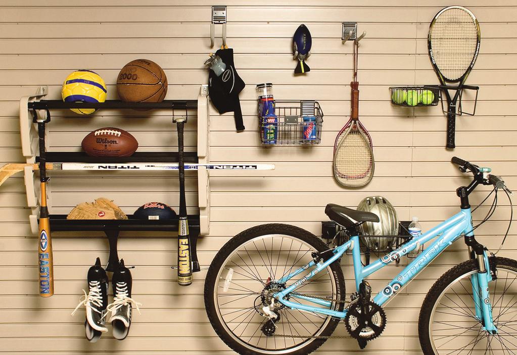 Slatwall offers a variety of accessories for storing sports equipment and bikes. Aside from the standard hooks, shelves and baskets, specialty accessories are available for most popular sports gear.