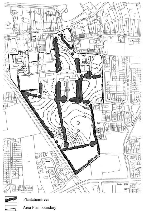 heights of the land. Buildings and trees are also marked. Green framework and land form map 2.5 Building uses The map shows the existing buildings of the Ursuline estate in Blackrock.