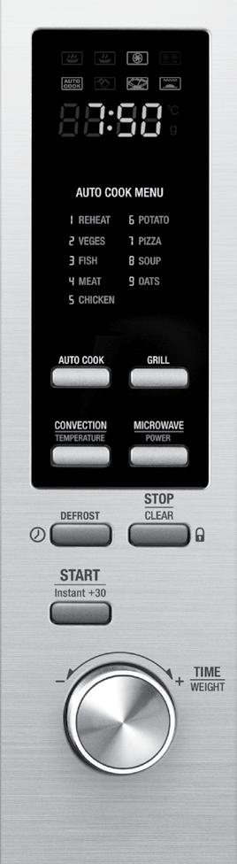 KNOW YOUR BREVILLE PRODUCT A B C D E F G H I J A. LED DISPLAY SCREEN Shows selected cooking time, power, symbols and time-of-day. B. AUTO COOK MENU (1 9) List of AUTO MENU settings available. C. AUTO COOK Press to select menu functions (1 9).
