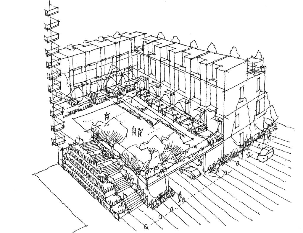 Fig 7. conceptual sketch view of semi-private / communal podium outdoor space surrounded by private terraces and balconies.