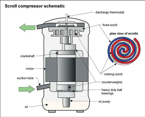Older compressors are piston-type. Scroll-type compressors are used in many new systems.