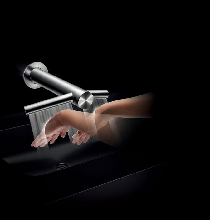 Airblade hand drying technology in a tap. Wash and dry hands at the sink. Reduces waste water on the floor. With Airblade technology in a tap, hands can be dried at the sink in just 14 seconds.