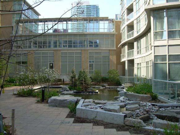 Figure 40: This inner courtyard is open to the public sidewalk Guideline 40: Communal spaces for residents and tenants can be at grade, above grade (on roof decks of parking structures and