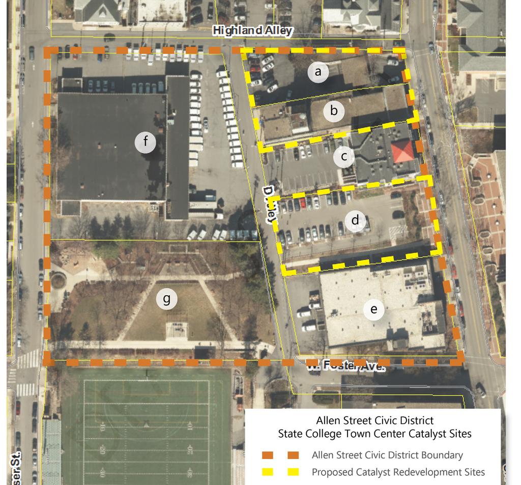State College Town Center Proposal recommends that the Borough initiate steps to advance redevelopment on the Allen Street lot, former Verizon Building and FNB Drive Thru site as a catalyst.