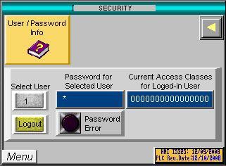 Press the LOGIN button on the HMI to display the SECURITY screen as shown below: Selecting User /