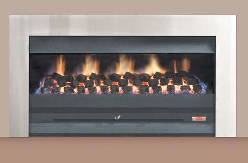 complete with the distinctive UK Front, stainless steel or black surrounds. The long burner produces dramatic flames for enhanced visual effect.